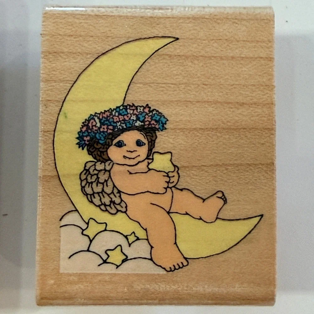 Precious Moments Rubber‎ Stamp Set Cherub Angel Moon Star Wood Tan Rubber